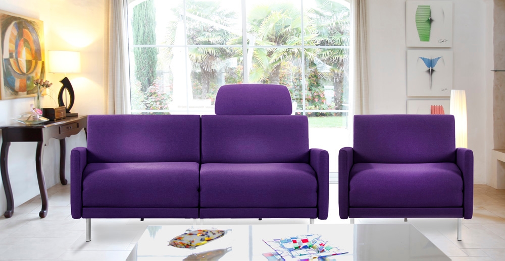 canapé convertible et fauteuil lit violet avec têtiere Likoolis